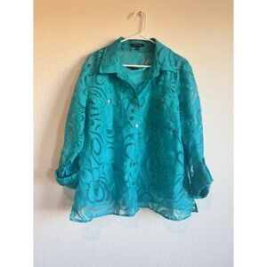 Notations Women's Blue Sheer Floral Button Down Blouse/Shell Roll Tab Sleeve L